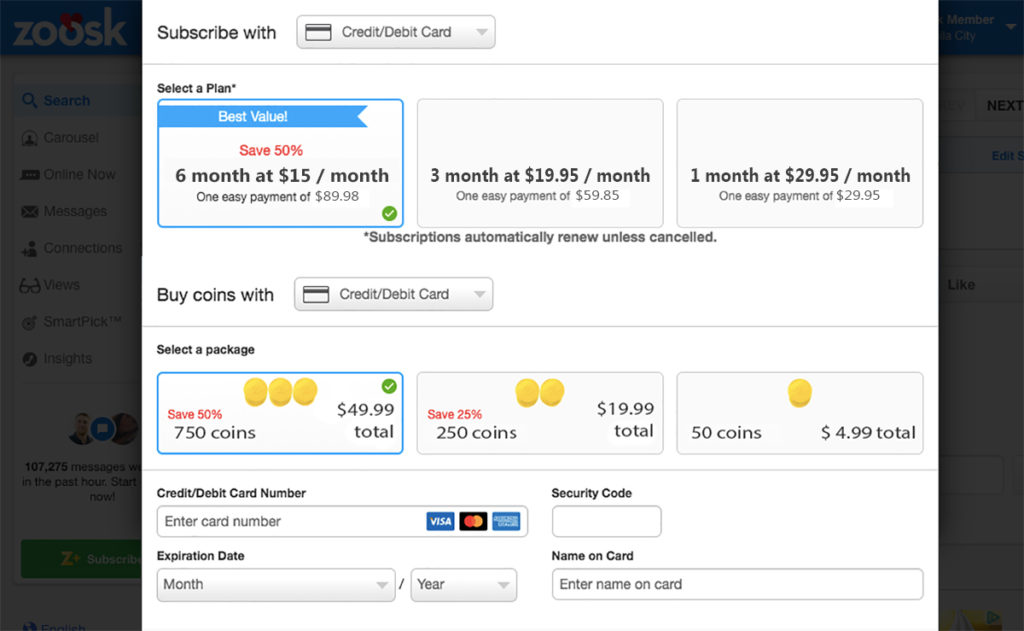 Zoosk costs